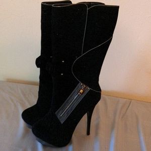 Black velvet platform heel boots